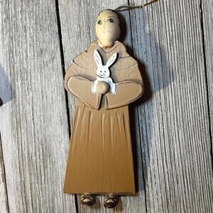 Hand-Painted Wooden Monk Ornament with Bunny